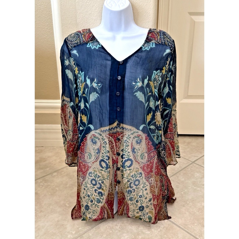 Soft Surroundings Paisley Sheer Blue Gauze Button Up‎ Top Tunic Shirt Sz M Boho